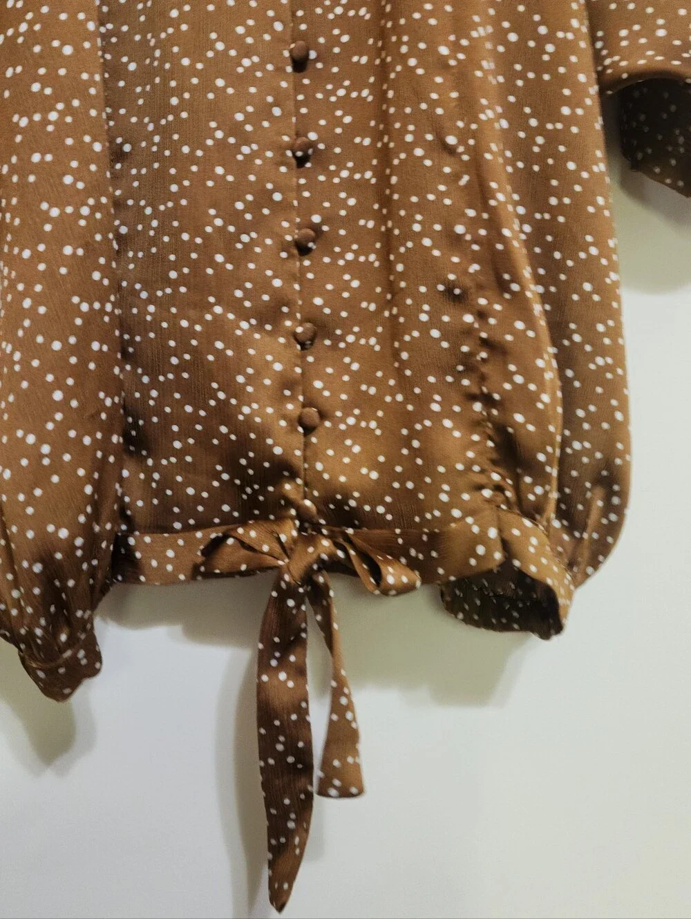 Puff Sleeve Top Women S Brown Polka Dot Bubble Print Satin Feel Oversided Easel - Picture 4 of 8